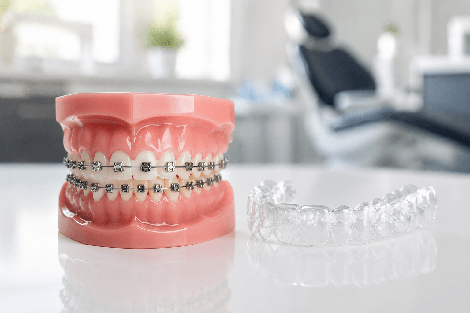 Braces and Clear Aligner Options Dental model with metal braces beside a clear aligner tray in a dental office.