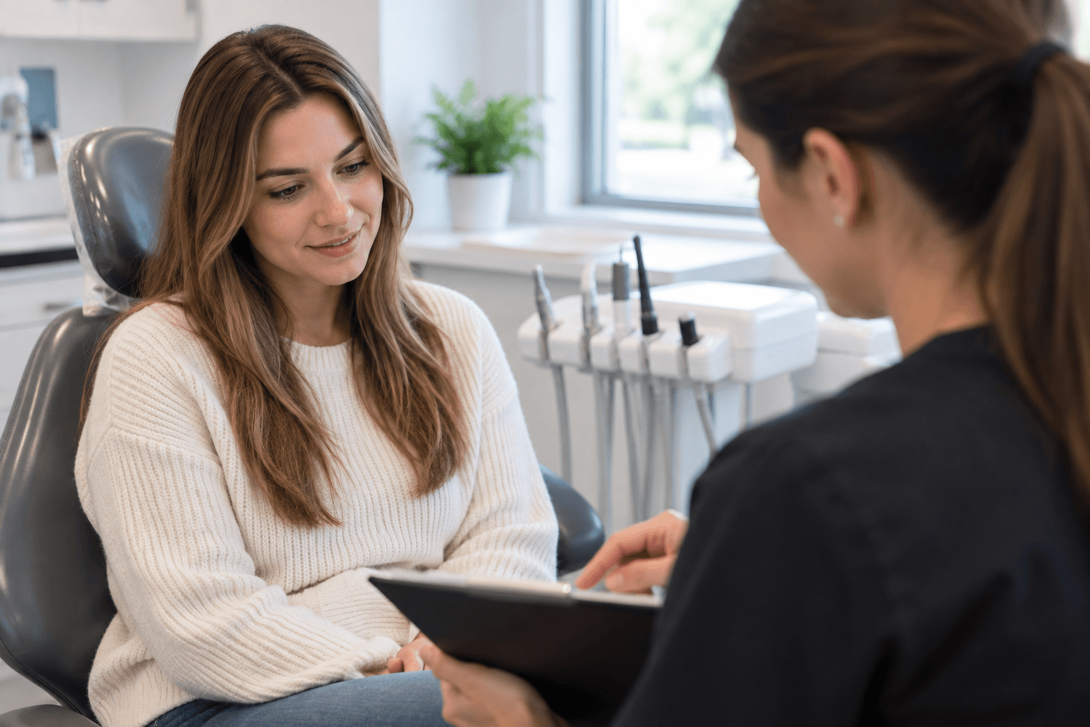 Dental professional discussing a treatment plan with an adult patient during a consultation in a modern dental office.